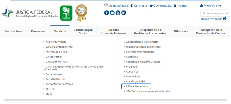 Captura de tela do site do TRF1 mostrando como consultar precatório pelo CPF
