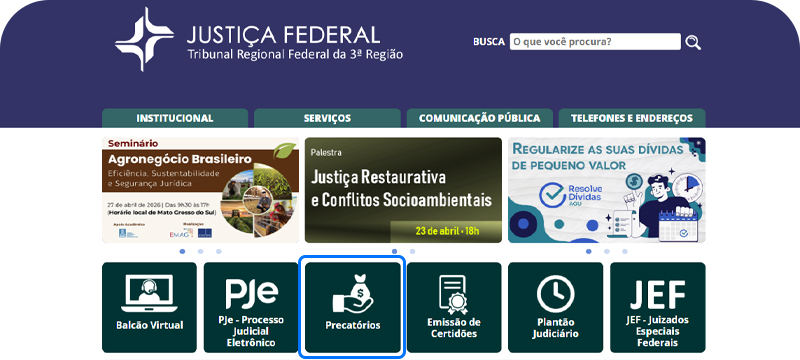 Captura de tela do site do TRF3 mostrando como consultar precatório pelo CPF