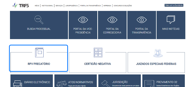Captura de tela do site do TRF5 mostrando como consultar precatório pelo CPF