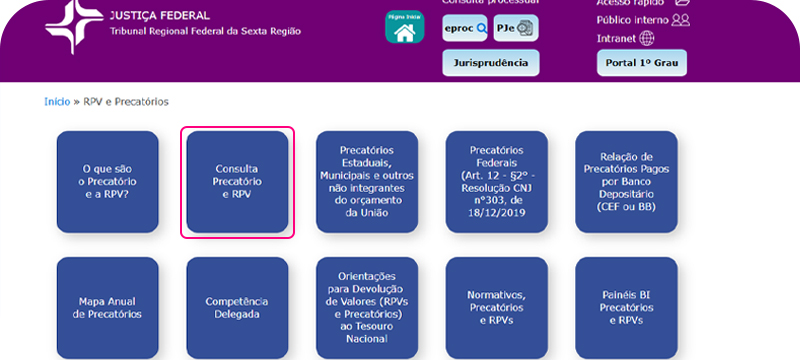 Captura de tela mostrando o processo de consulta precatório TRF6