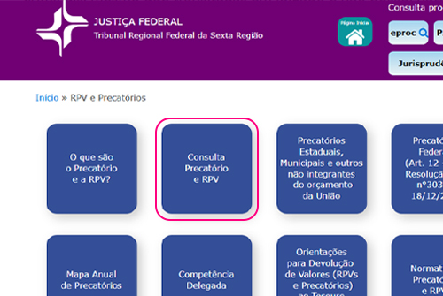 Captura de tela mostrando o processo de consulta precatório TRF6