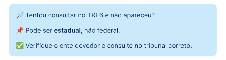 Card de alerta explicando que não encontrar resultado ao consultar precatório TRF6 pode indicar que o precatório é estadual ou municipal e deve ser consultado no TJMG