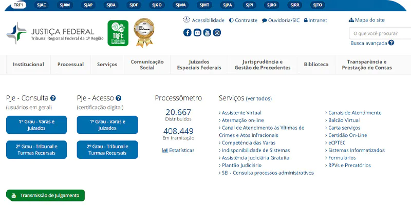 Captura de tela da página inicial do site do TRF1, caso na consulta precatório TRF6 se verifique que ele é de outra instância.