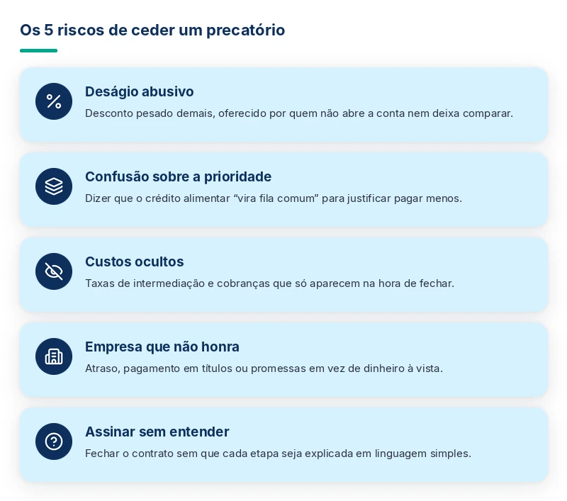 Os 5 riscos de ceder um precatório: deságio abusivo, custos ocultos e empresa que não honra