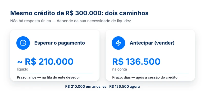 como calcular o valor do precatório: esperar (~R$ 210 mil em anos) versus antecipar a venda (R$ 136.500 agora)