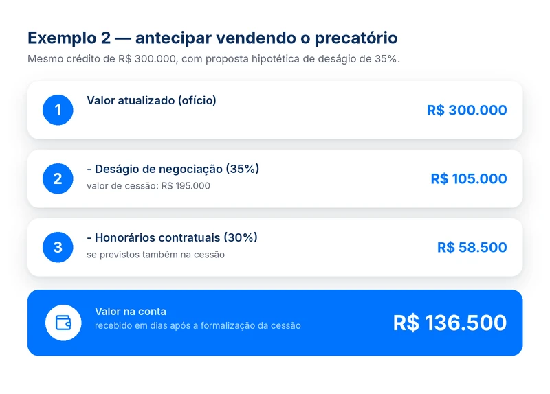 Cálculo do valor do precatório na venda com deságio de 35%: de R$ 300 mil a R$ 136.500 na conta
