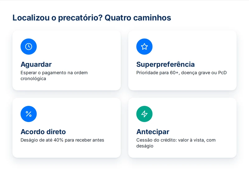 Quatro caminhos após localizar o precatório TJSP: aguardar, superpreferência, acordo direto ou antecipar