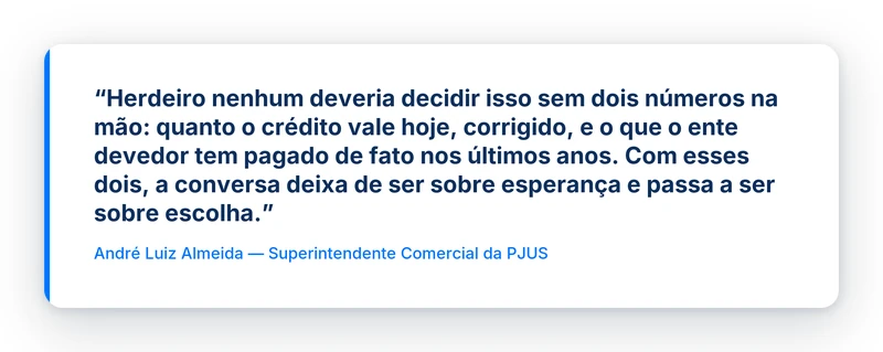 Citação de André Luiz Almeida: decidir a venda do precatório herdado com dois números na mão, não com esperança