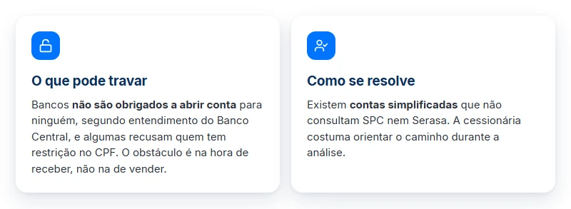 Conta bancária como obstáculo prático: recusa por restrição no CPF e conta simplificada que não consulta SPC