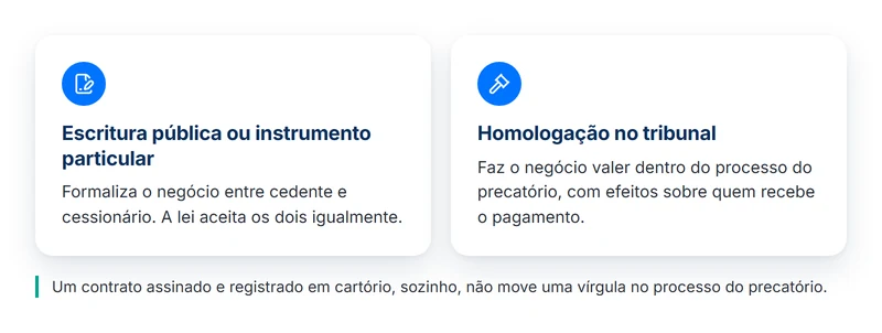 Escritura pública e homologação da cessão de precatório: dois atos distintos, e a ordem entre eles importa