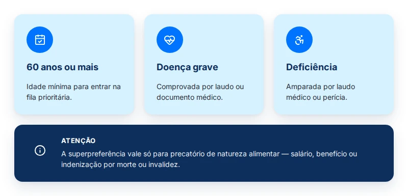 Os 3 requisitos da superpreferência de precatórios: 60 anos, doença grave ou deficiência