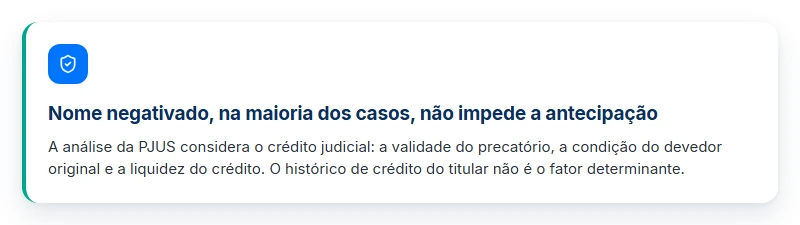 Card mostra que, com nome negativado, a análise para antecipar o precatório foca o crédito judicial, não o titular.