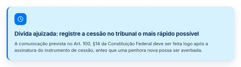 Conceito: com dívida ajuizada, a cessão do precatório deve ser comunicada ao tribunal logo após a assinatura.