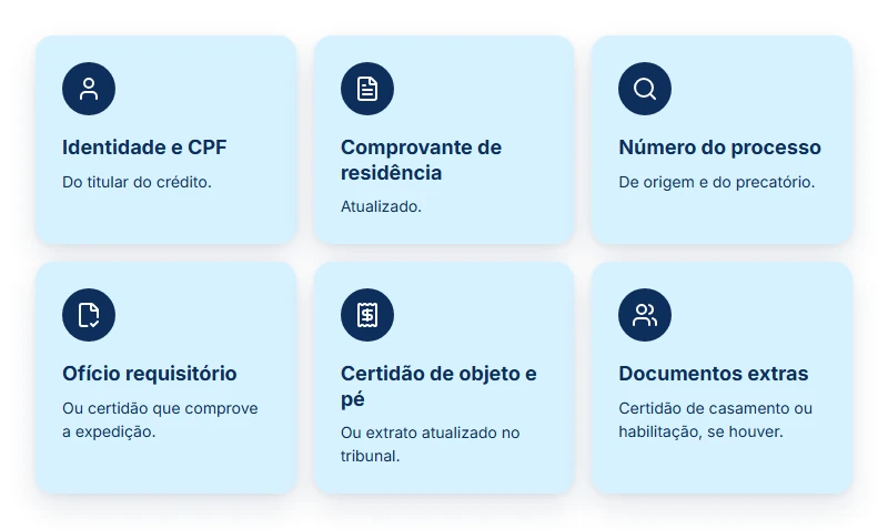 Documentos que as empresas que compram precatórios pedem: identidade, comprovante de residência, número do processo e ofício