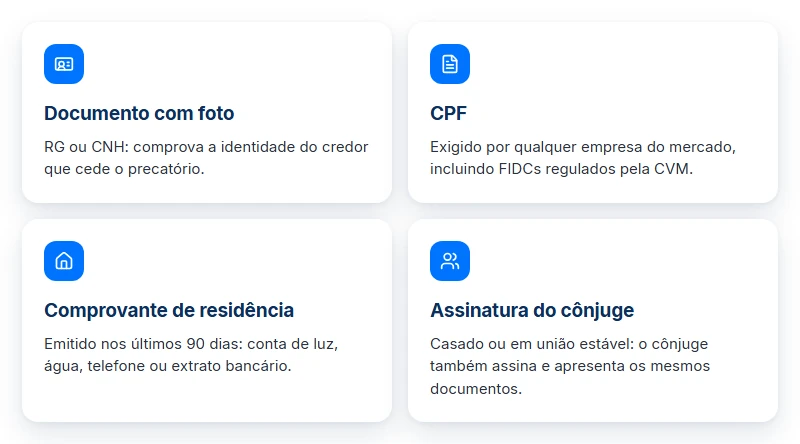 Documentos para ceder precatório, parte pessoal: RG ou CNH, CPF, comprovante de residência e assinatura do cônjuge.