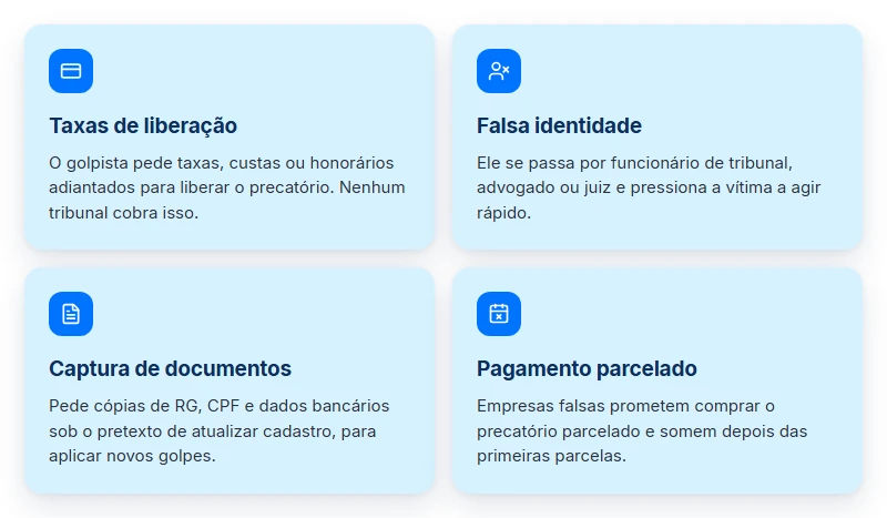 Card mostra as 4 modalidades do golpe do precatório: taxas, identidade falsa, documentos e parcelamento
