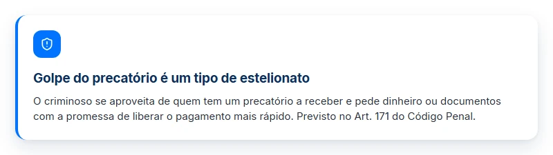 Card explica que golpe do precatório é estelionato previsto no Art. 171 do Código Penal