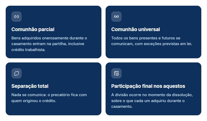 Card com os quatro regimes de bens e o que cada um faz com o precatório no divórcio.