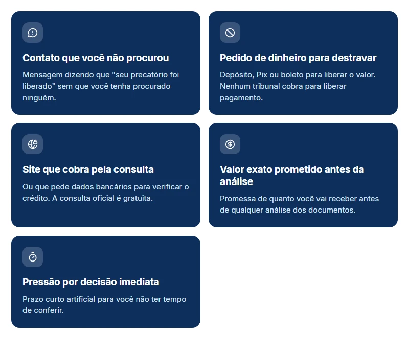 Sinais de golpe de precatório: cobrança de taxa para liberar, pedido de Pix e site que cobra pela consulta