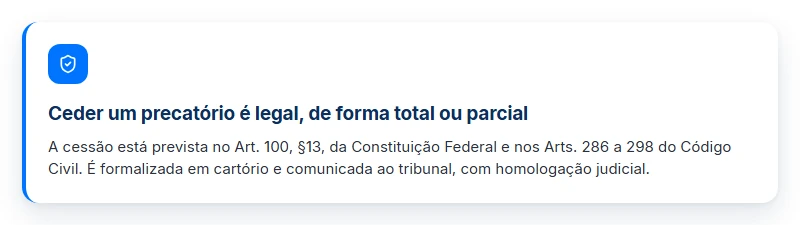 Ceder precatório é legal: Constituição e Código Civil, formalização em cartório e cessão total ou parcial.