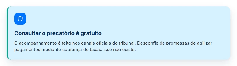 Alerta: consultar a posição do precatório no tribunal é gratuito, nos canais oficiais, e ninguém agiliza pagamento por taxa.