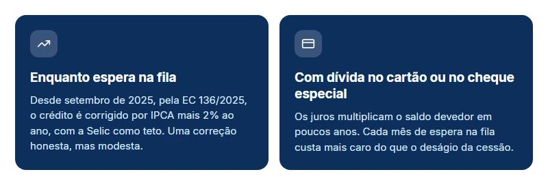 Custo de esperar o precatório: correção de IPCA mais 2% ao ano contra os juros do cartão e do cheque especial.