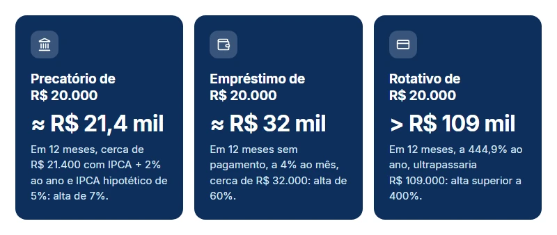 Cenário de juros compostos e precatório: R$ 20.000 viram R$ 21.400, R$ 32.000 ou mais de R$ 109.000 em 12 meses.