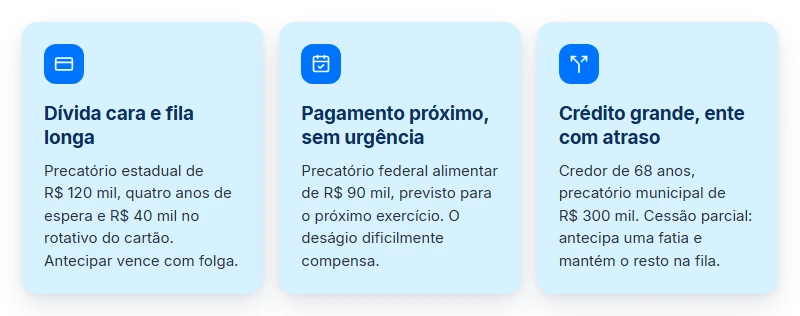 Três cenários sobre se vale a pena antecipar o precatório: dívida cara, pagamento próximo e cessão parcial.